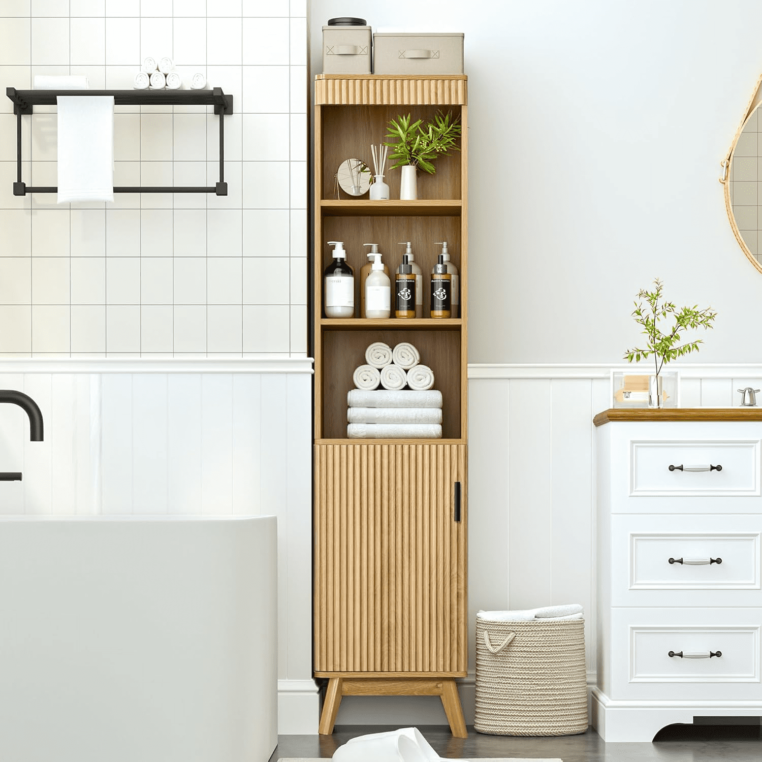 LEFHDA 68" Bathroom Storage Cabinet with Doors, Narrow Tall Fluted Cabinet, Wooden Mid-century Modern Cabinet with Adjustable Shelf, Bathroom Kitchen Living Room