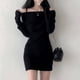 thumbnail image 2 of Vestido corto de punto con hombros descubiertos para mujer, minivestido Sexy coreano con tirantes finos, manga larga, Primavera, Y2K, 2 of 6
