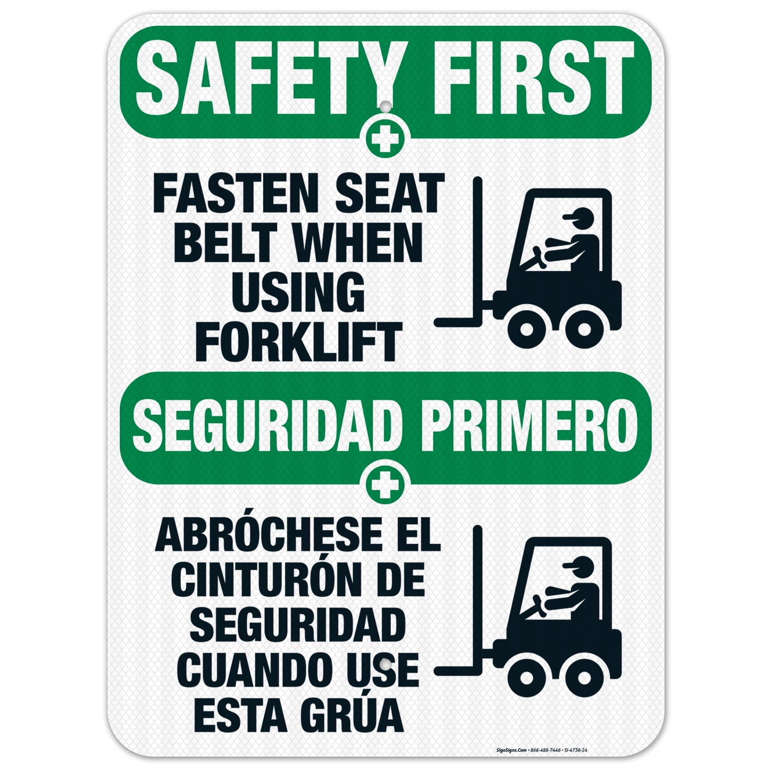 Fasten Seat Belt When Using Forklift Bilingual Sign, OSHA Safety First