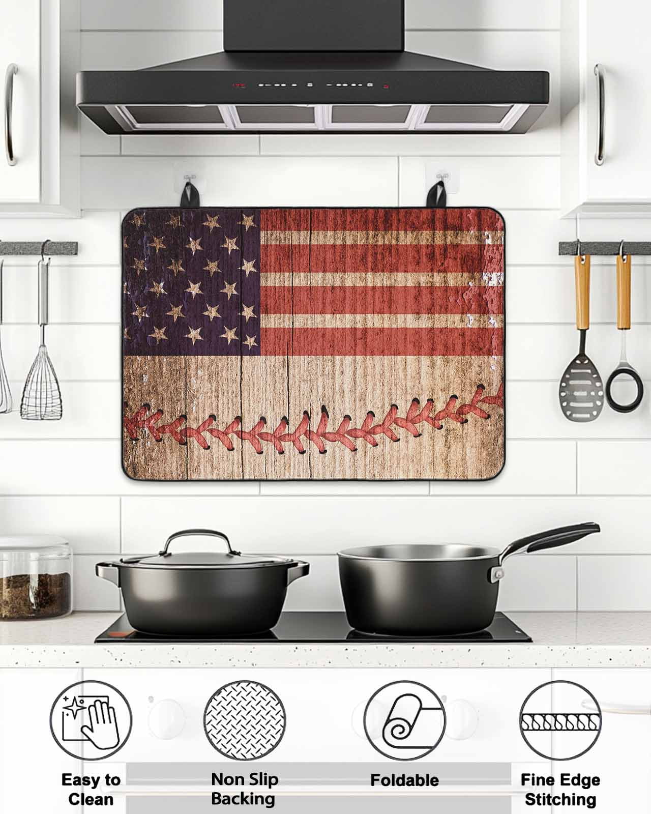 Stove Top Covers for Electric Stove, American Flag Vintage Glass Stovetop Cover Protector, Farmhouse Baseball Blue Red Induction Cooktop Protector Oven Mat for Kitchen Countertop 24"x21"
