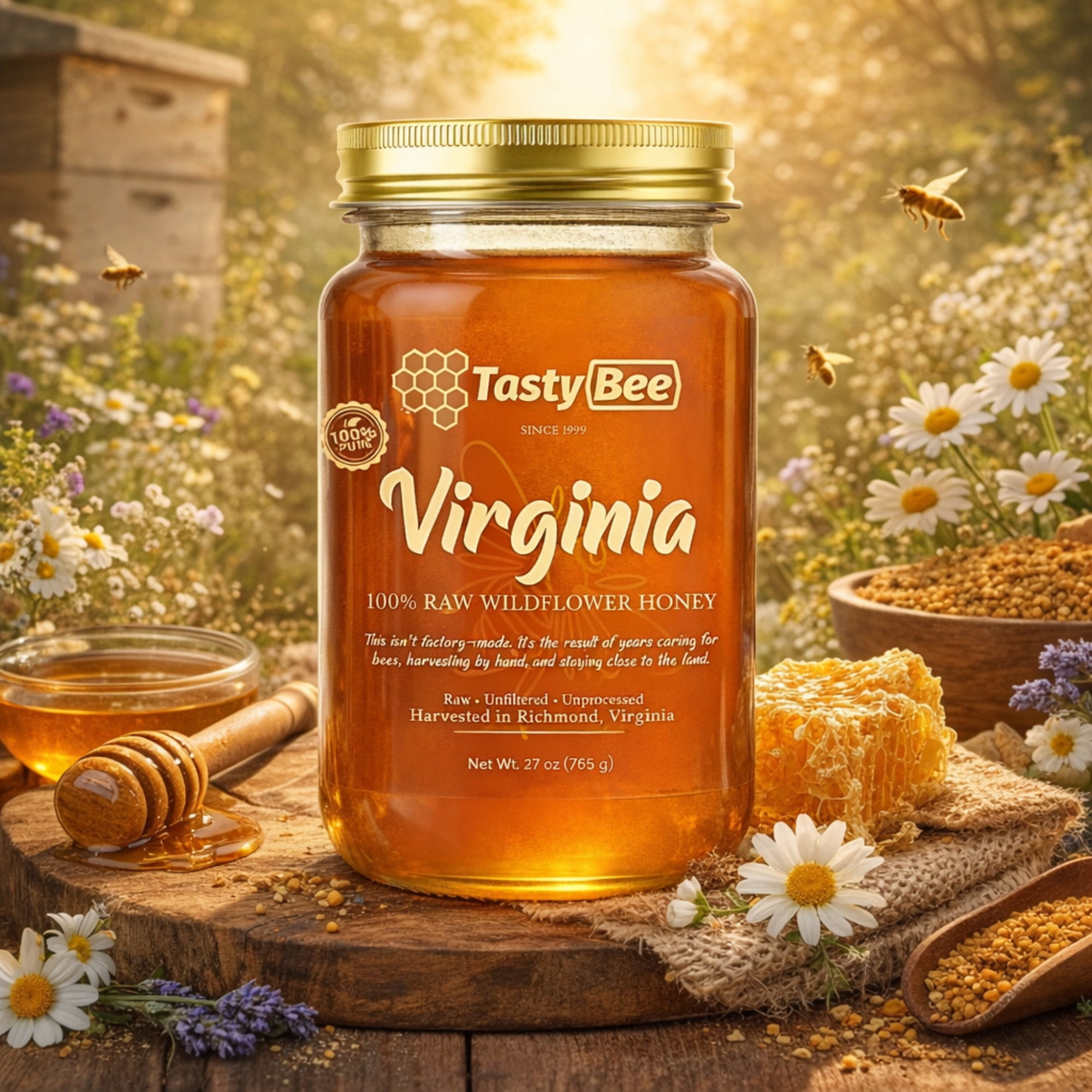 TastyBee 100% Raw Wildflower Honey – Pure, Unfiltered Local Honey 27 oz