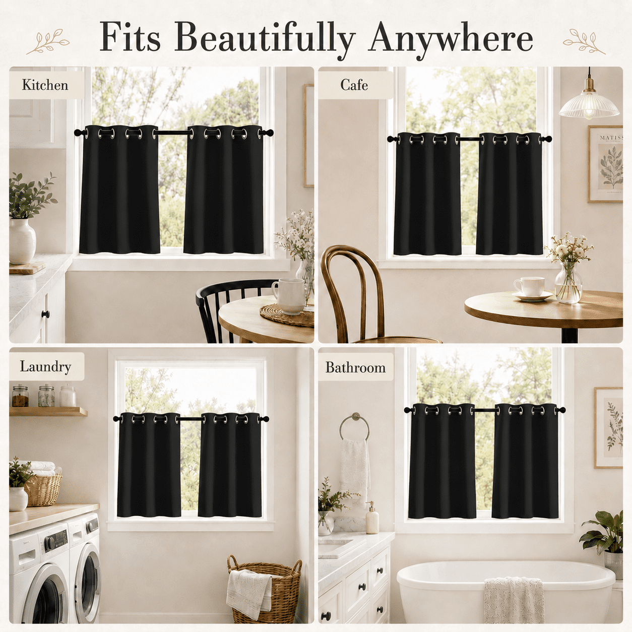 Lapalife 2 Panel Blackout Kitchen Curtains, Grommet Short Window Curtains for Kitchen Bathroom Cafe, Black, 33"x 30"