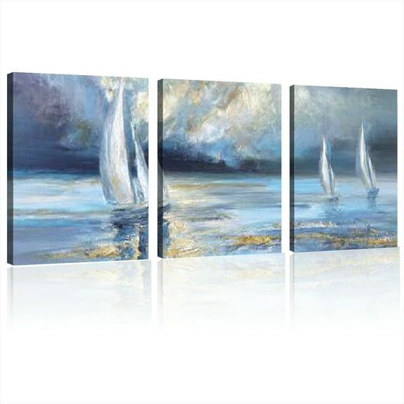 Sailboat Endless Sea Landscape Art Painting, wrapped in waterproof canvas printing, suitable for living room, dining room, bedroom, office, home wall decoration, with 12*16inch*3pcs