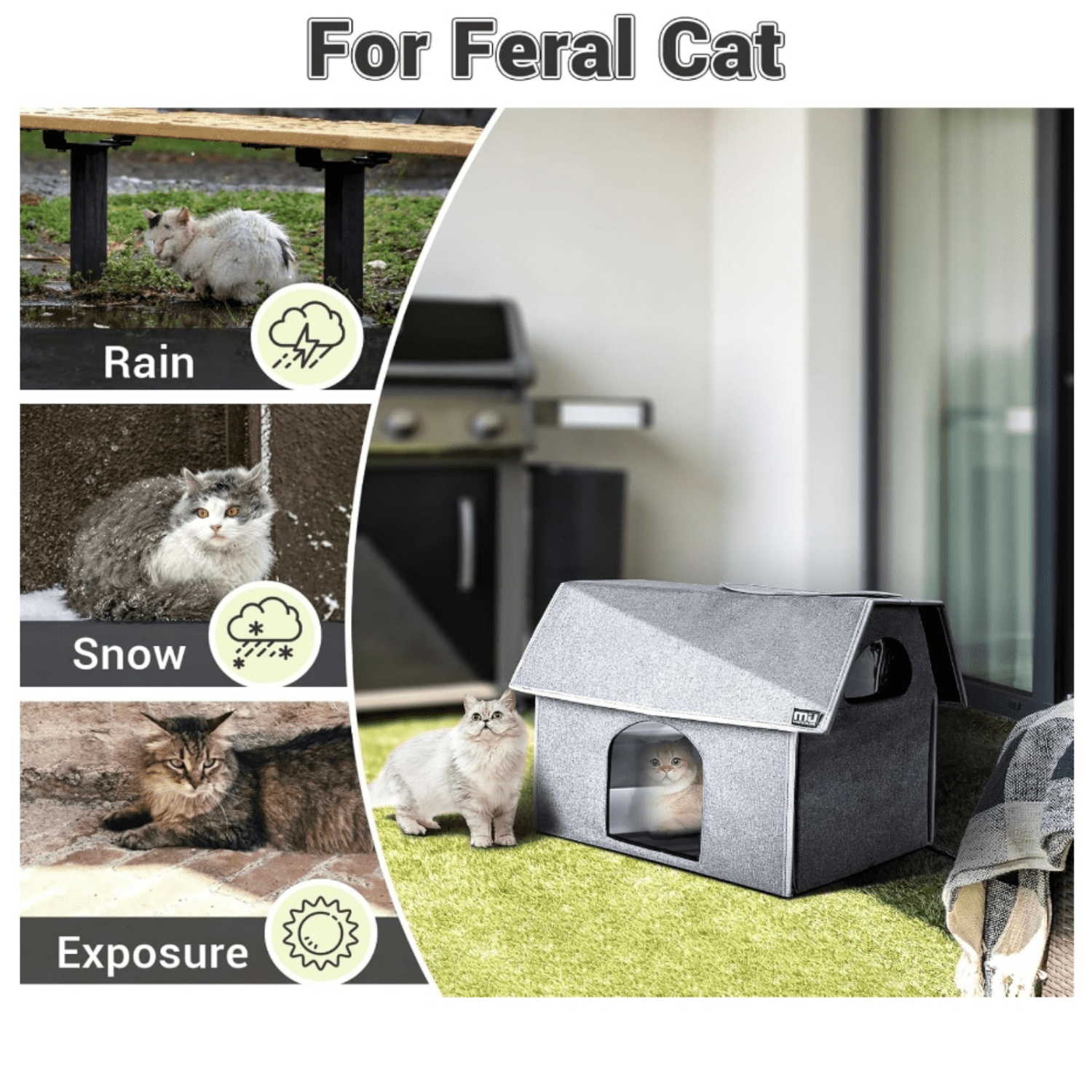 Outdoor Cat House, Extra Large Weatherproof Cat Houses for Outdoor/Indoor Cats, Warm Feral Cat Shelter with Removable Soft Mat, Big Cat Bed,