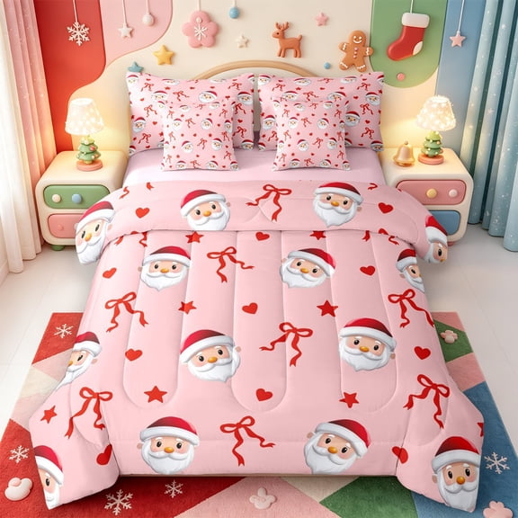 Manfei Cute Animals 7-Piece Twin Bedding,Farmhouse Christmas Candy Cane Bedding Comforter Set,Pink Reversible