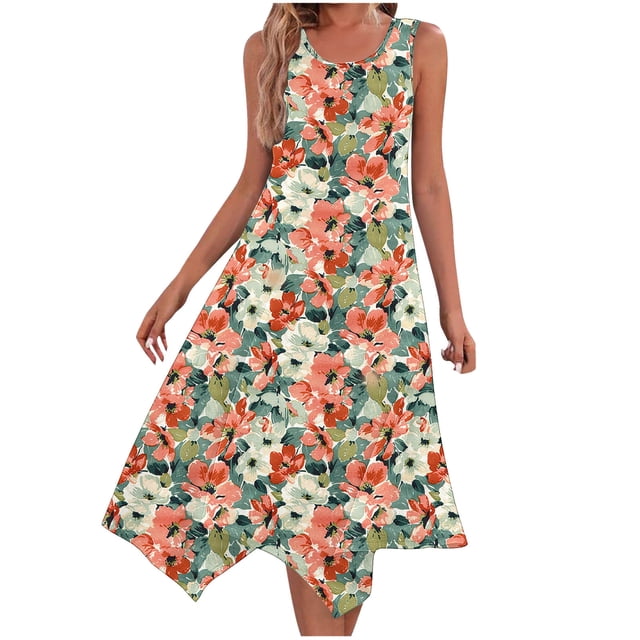 Vestido de Verano para Mujeres sin Mangas Cuello Redondo Impreso Vestido Casual de Bolsillo con Doblado Irregular, Vestido de Poliéster Ligero para la Primavera Y el Verano de Uso Diario, Vacaciones