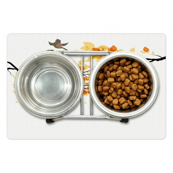 Fall Pet Mat for Food and Water, Branch Pale Autumn Leaves and Birds Natural Change in Season Summertime Print, Non-Slip Rubber Mat for Dogs and Cats, 18" X 12", by Ambesonne
