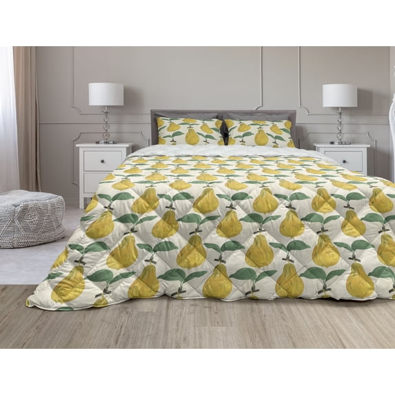 Fruit Comforter & Sham Bedding Set, Expressionist Style Pear Pattern Hand Painted Pattern, 3 pcs Duvet Set Microfiber Filling Quilt, 5 Sizes, Earth Yellow Eggshell, by Ambesonne