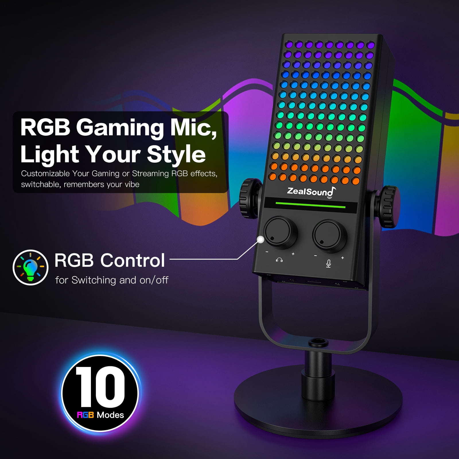 ZealSound Gaming Microphone for Xbox, PC & Mac, Noise Cancellation Streaming Mic with One Tap Mute, RGB Lighting, Monitoring, Gain Control, Condenser Mic for iPhone, Computer, Podcast, Gamer, YouTube
