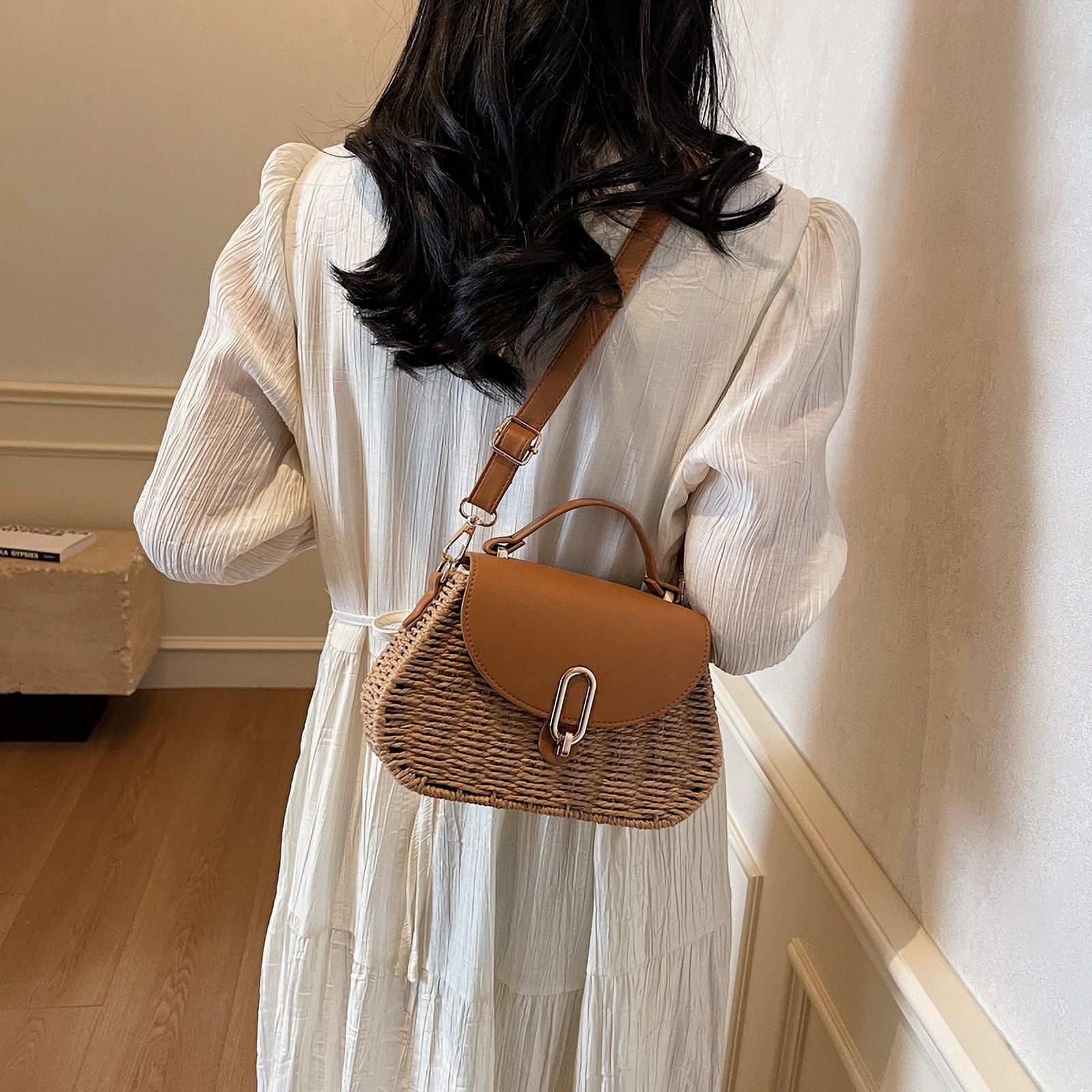 Straw Bags for Women, Handmade Straw & PU Crossbody Bag Summer Beach Shoulder Bag (Camel)