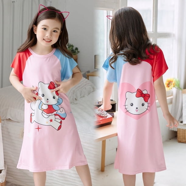 Pijamas infantiles de verano para niñas, lindos pijamas de manga corta con cuello redondo de dibujos animados, ropa de hogar holgada y delgada para niñas de talla mediana y niños mayores