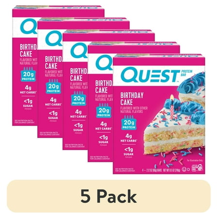 (5 pack) Quest Protein Bar, Birthday Cake Flavored, Gluten Free, 20g of Protein, 4 Count