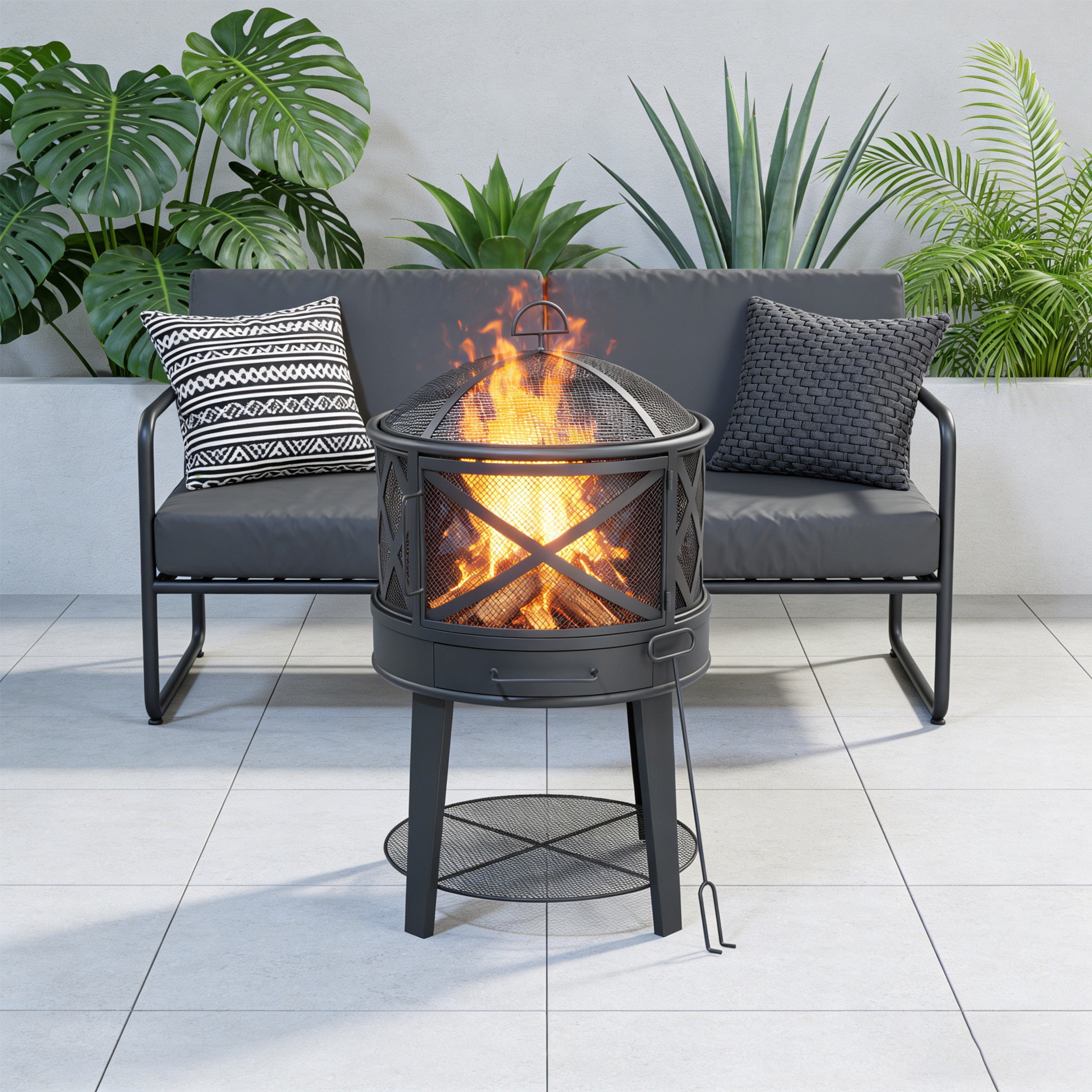 Outdoor 18" Mini Wood Burning Fireplace with Poker ,Fire Pit with Round Grill Top for BBQ,Black