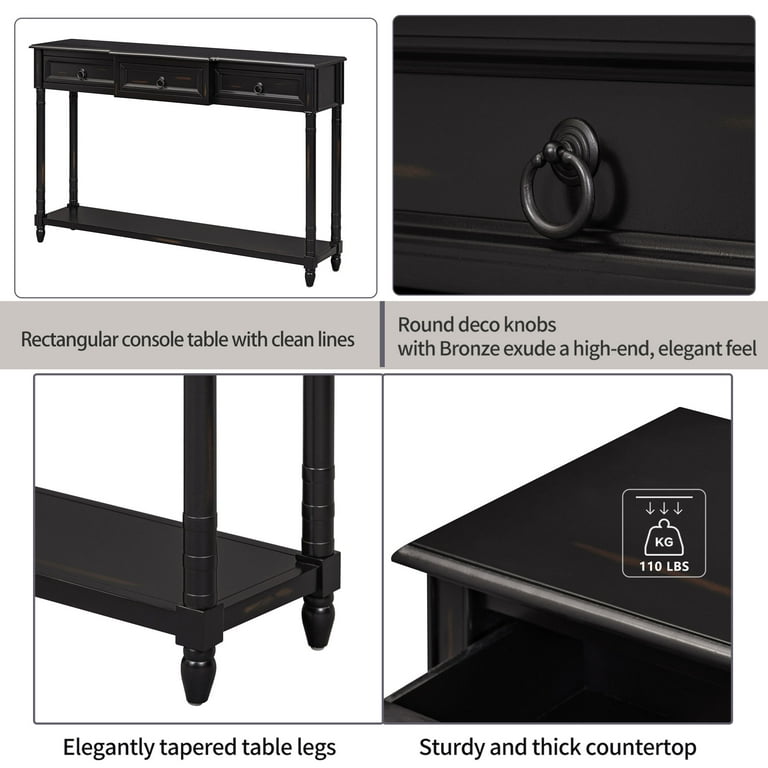 Segmart Black Console Sofa Table with 3 Drawers, Wood Buffet