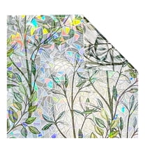 3D Stained Glass Privacy Film Decorative Window Sticker, Anti UV Green Leaves Glass Door Film Static Cling Tint for Home Heat Control Non-Adhesive, 29.53x118.11inch
