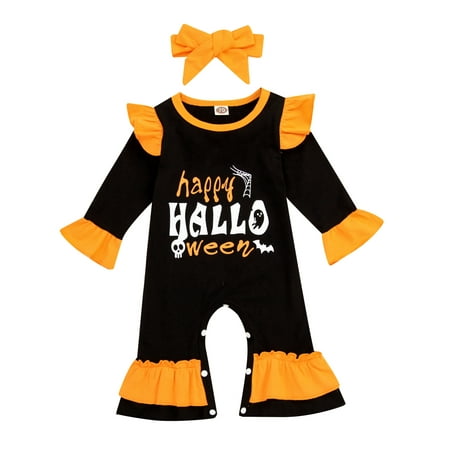 

Baby Girls Long Sleeve Ruffle Halloween Casual Party Romper+ Headband