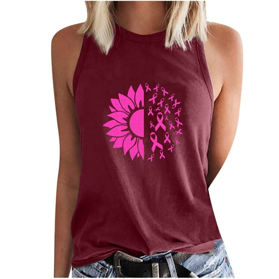 IROINNID Reduced Breast Cancer Tank for Women Breast Cancer Awareness Casual Sleeveless Printed Ladies Round Neck Blouses Tops T-Shirt,Burgundy