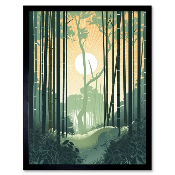 Arashiyama Bamboo Grove Serene Forest Illustration Art Print Framed Poster Wall Decor 12x16 inch