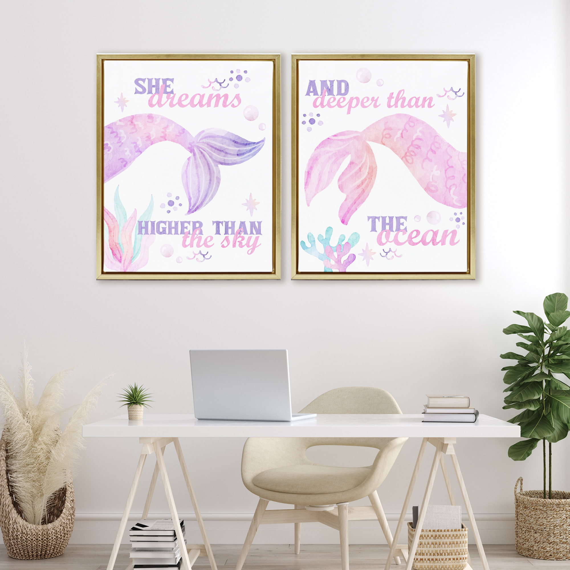 Mermaid Dreams Ocean & Sky 2 Piece Gold Framed Floater Canvas Set, design by Kim Allen