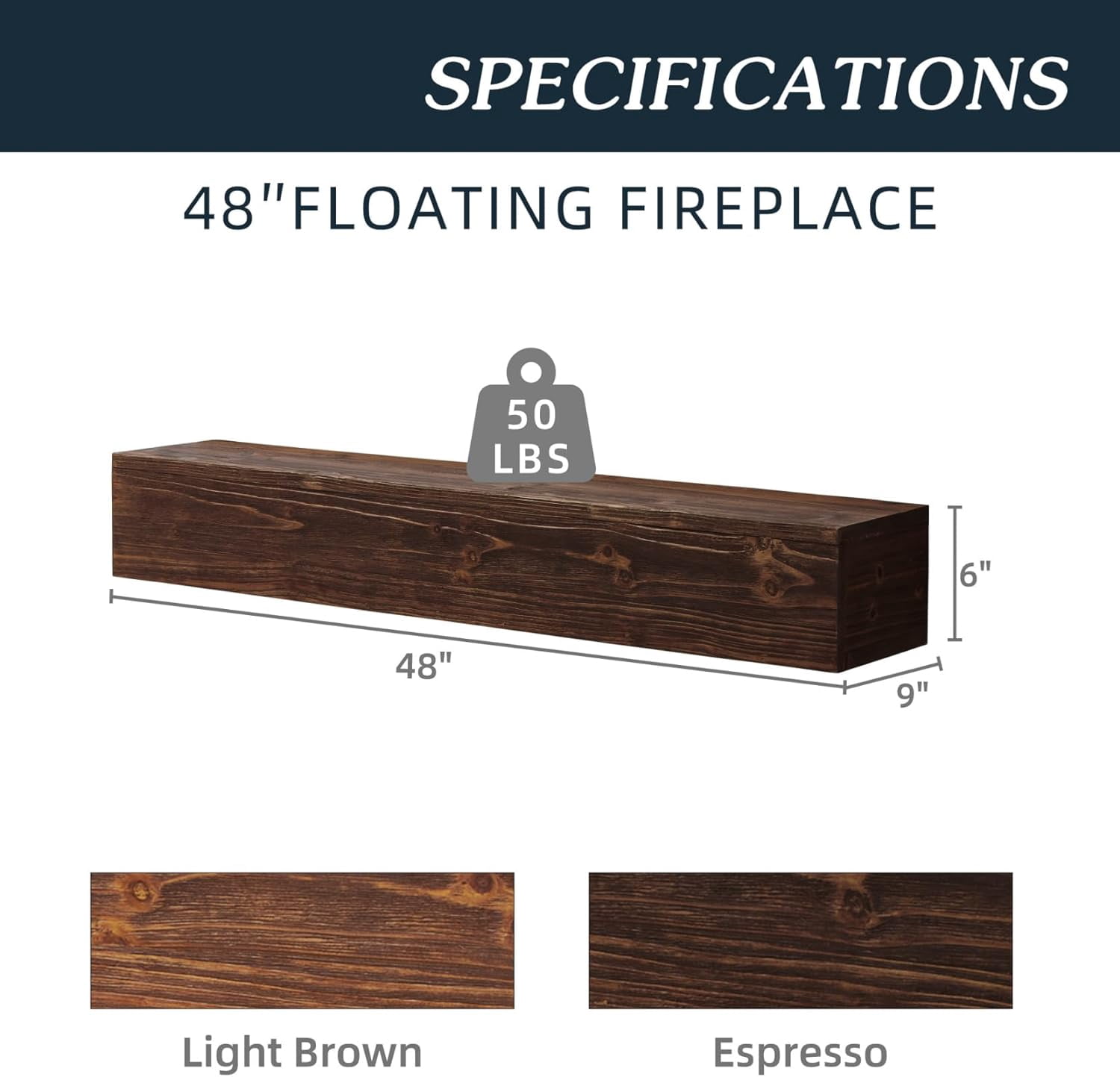 48" Rustic Wood Fireplace Mantel, Wall-Mounted & Floating Shelf for Home Wall Decor, Rustic Cedar Wood Floating Farmhouse Shelf Handcrafted Wall Mounted for Bathroom, Espresso