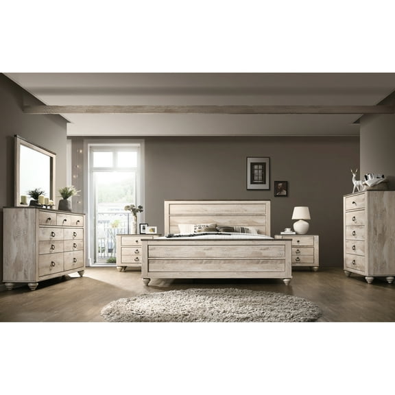 Modern Bedroom 6 Collection, King. White Wash. Solid Wood, Walnut Accents. Includes Bed, Dresser, Mirror, 2 Nightstands, Chest King , Contemporary. Wash Finish, Wood With Delicate Metal Accents,