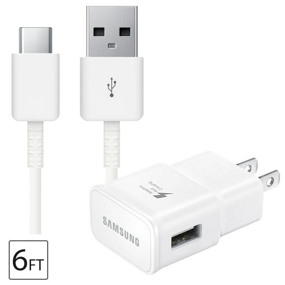OEM Samsung Galaxy S8 S9 S10, S10e S20 S21 S22 Charger Adaptive Fast Charging With USB Type C Cable White, 6FT