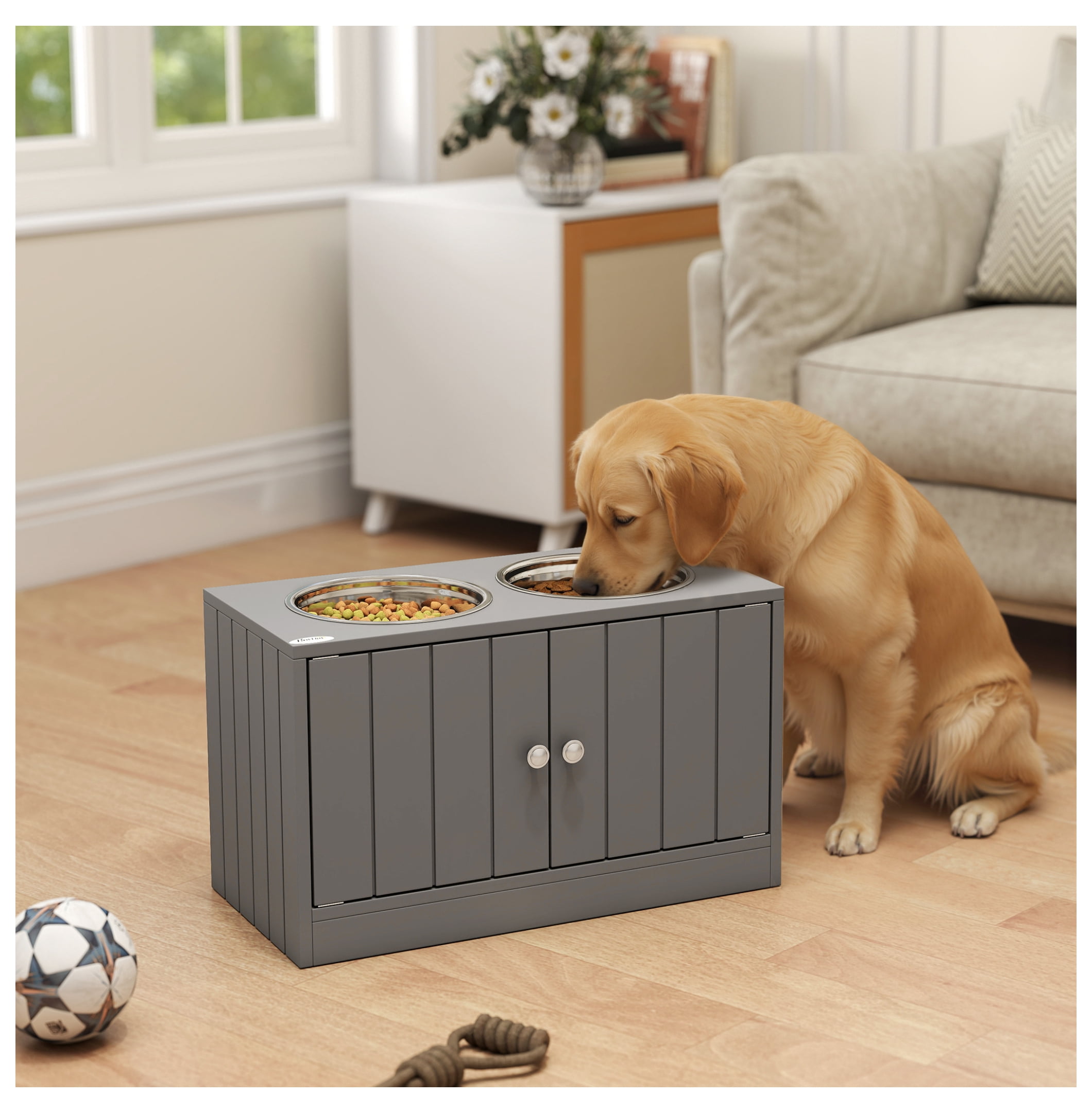 Dog Bowls with Storage Cabinet - 44L Capacity - Elevated Feeder for Large Dogs - Gray