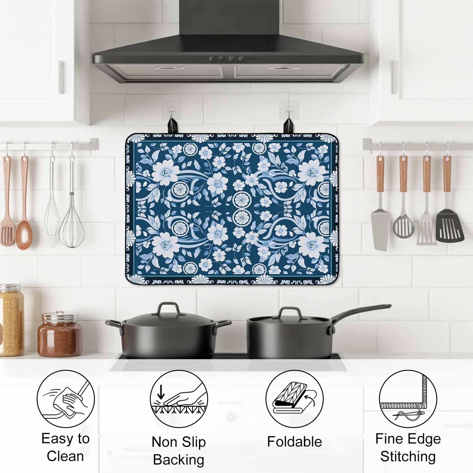 Blue White White Flowers Stove Top Cover for Electric Stove, Heat-proof & Non Slip Glass Top Stove Cover Protector, Rustic Vintage Botanical Leaves Kitchen Flat Cooktop Rubber Mat 24x21 Inches