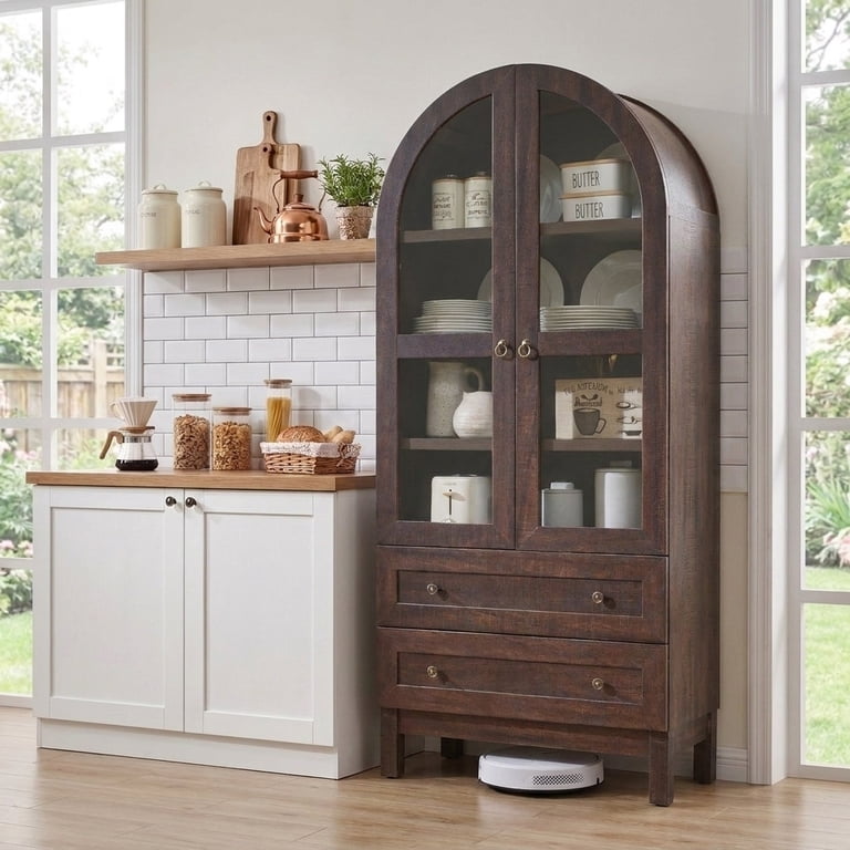Aitjunz 71-Inch Arched Farmhouse Storage Cabinet, Brown photo 1