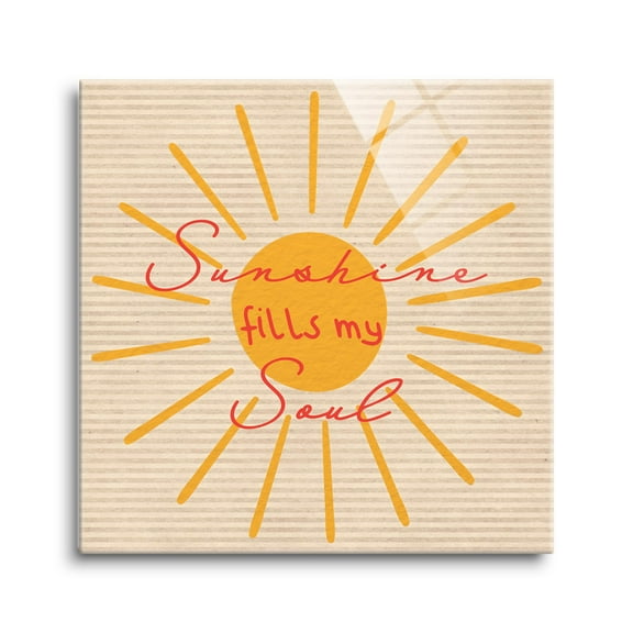 Sunshine Fills Soul Yellow Rays Stripe 24 x 24 Glass Wall Hanging Sign
