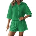 thumbnail image 2 of PIWHJQK Women Summer Outfits Set Loose Collared Set Women Solid Color Shirt Set Loose Style Collared Sleeve With Pockets Casual Wear Outfits Set, 2 of 7