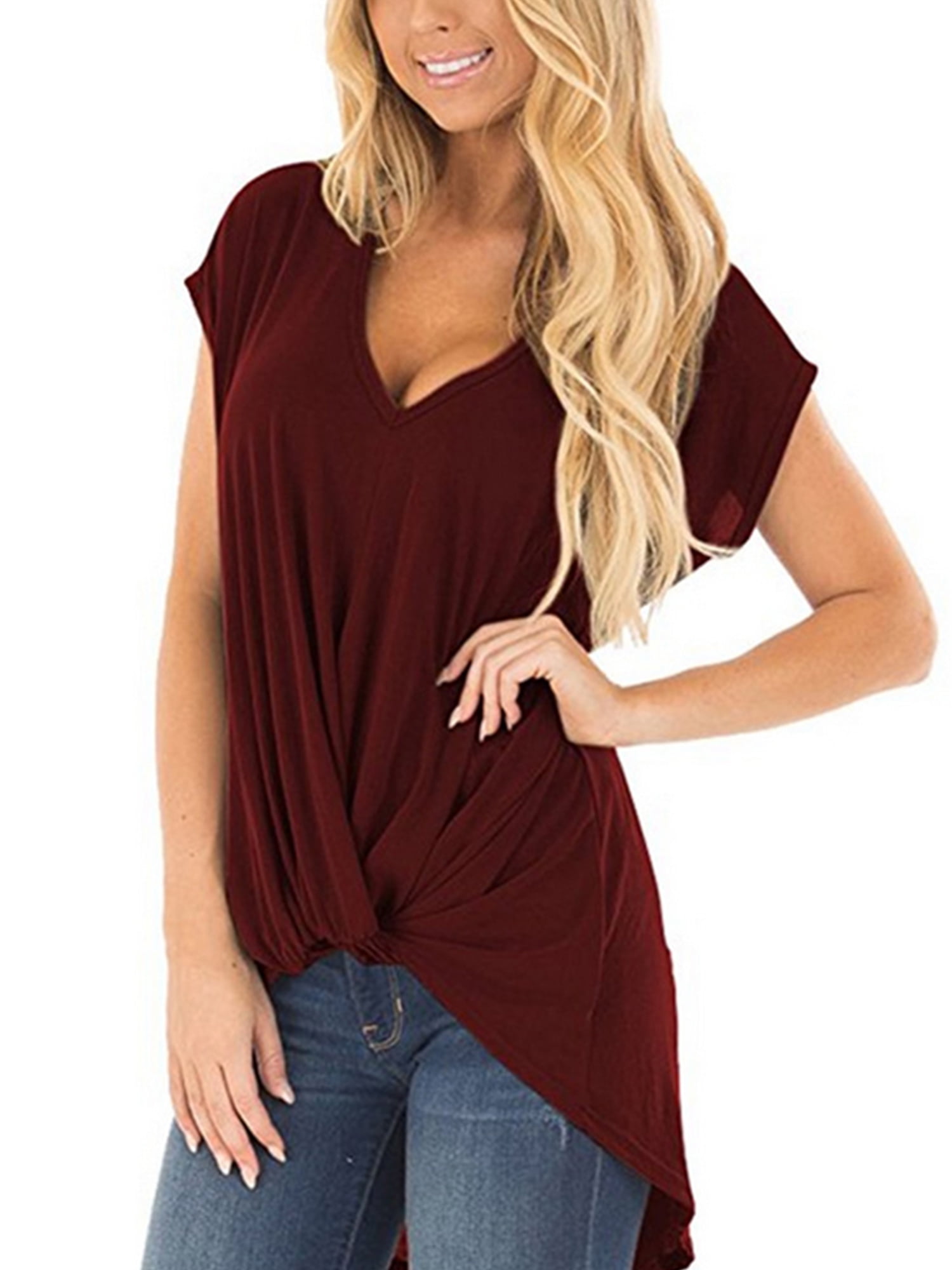 Wodstyle - Women's Pleated V Neck Short Sleeve Loose T-Shirt - Walmart ...