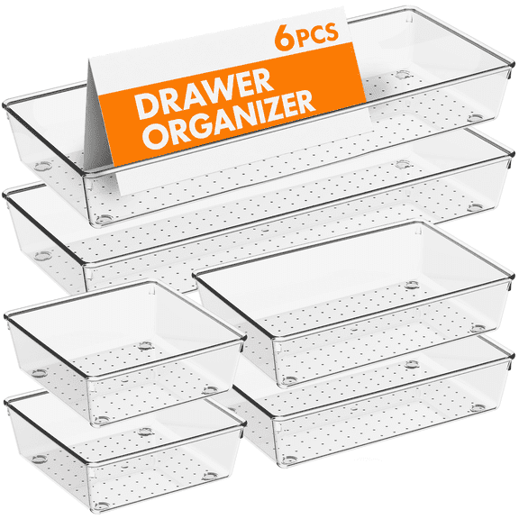 Criusia Extra Large Clear Plastic Stackable Organizer Bins, 6 PCS Stackable Storage Bins for Makeup, Vanity, Bathroom, Kitchen and Office