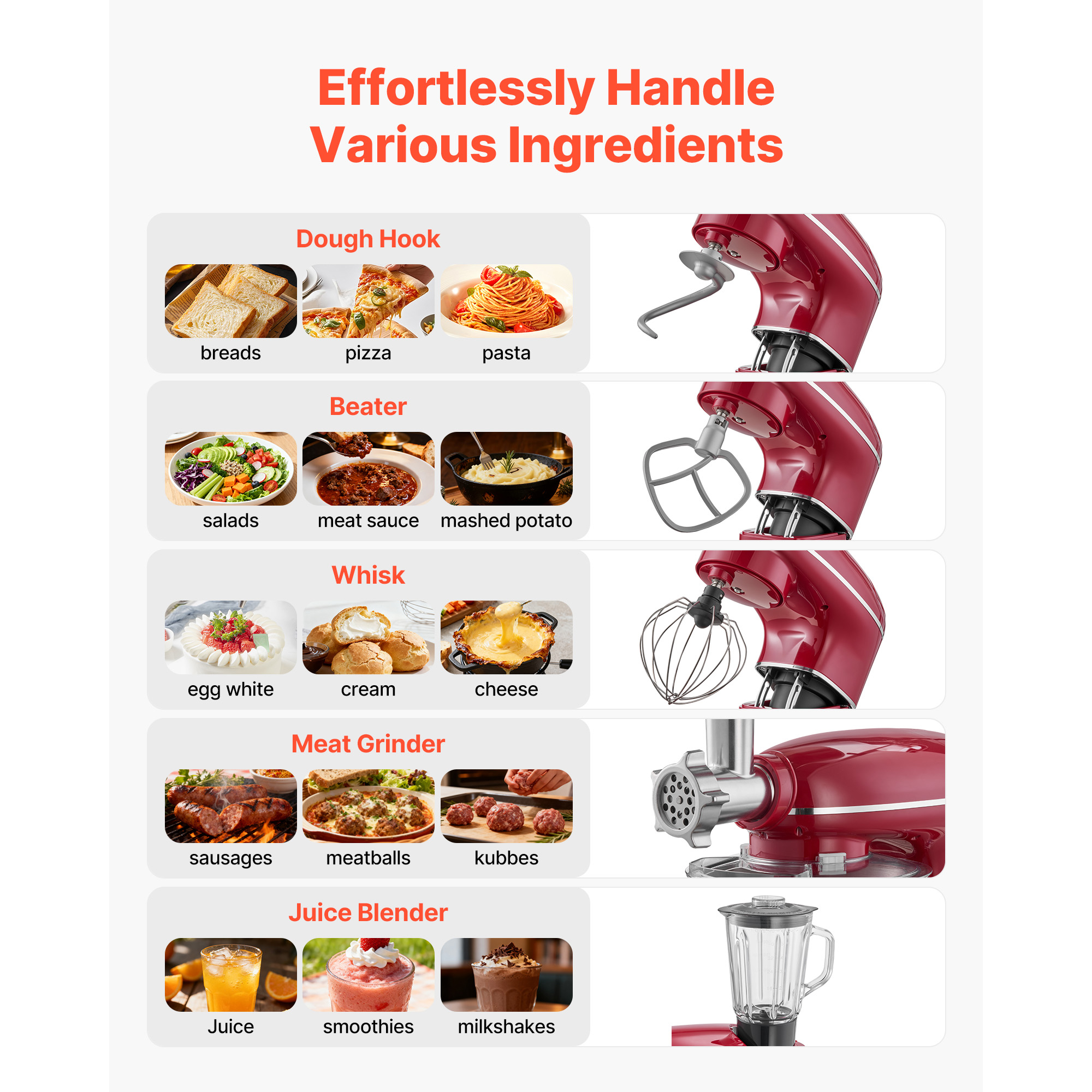 KFFKFF 6 QT Electric Kitchen Mixer with 660W Motor, Tilt-Head Design, 6+P Speeds, Includes Stainless Steel Bowl, Blender Cup, Dough Hook, Whisk, and Beater for Baking and Mixing, Red