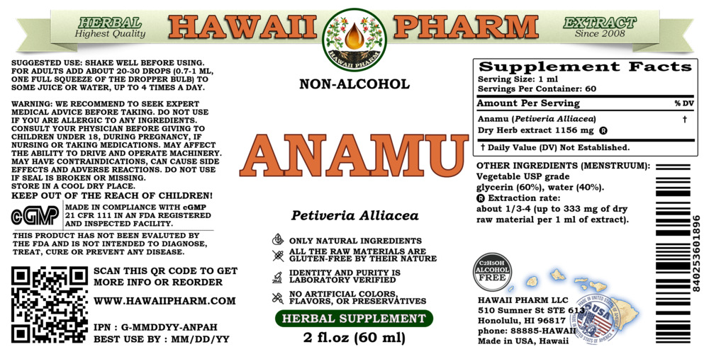 Anamu (Petiveria Alliacea) Dry Herb ALCOHOL-FREE Liquid Extract. Expertly Extracted by Trusted HawaiiPharm Brand. Absolutely Natural. Proudly made in USA. Glycerite 2 Fl.Oz - image 2 of 3