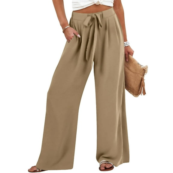 ABATAB Summer Palazzo Pants for Women Cotton Linen Drawstring Work Pants Wide Leg Lightweight Beach Fashion Trousers with Pockets