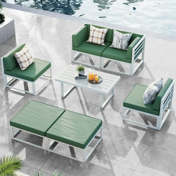 ELPOSUN Aluminum Patio Furniture Set,7 Piece Modern Outdoor Furniture with 5 inch Cushion, Metal Patio Sectional Conversation Sets for Deck, Backyard, Porch(Green)