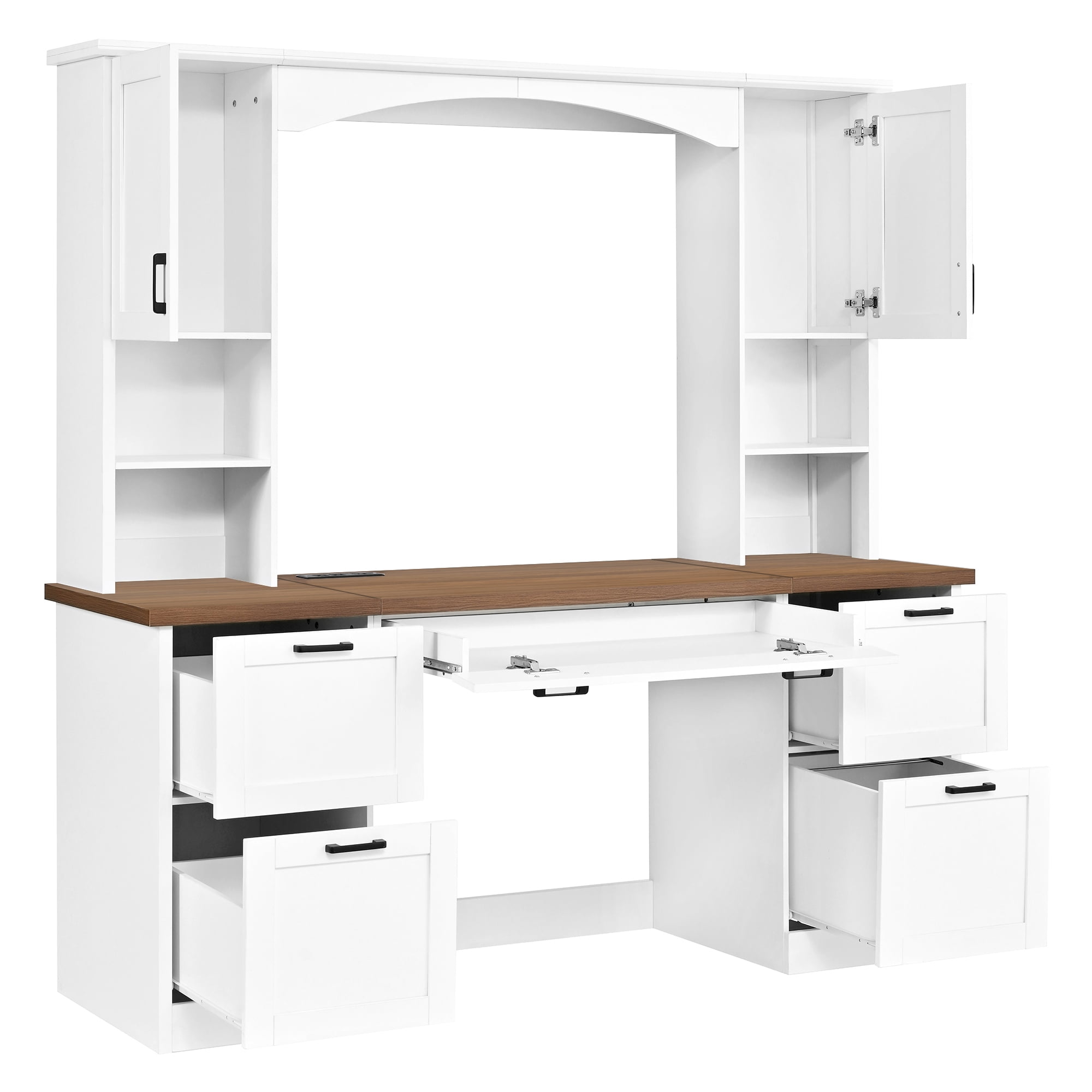 Farmhouse Arched Computer Desk with Hutch, Mid-Century Walnut Home Office Workstation with Charging Station & Keyboard Tray, All-in-One Writing Desk with File Drawer for Study, Office, White