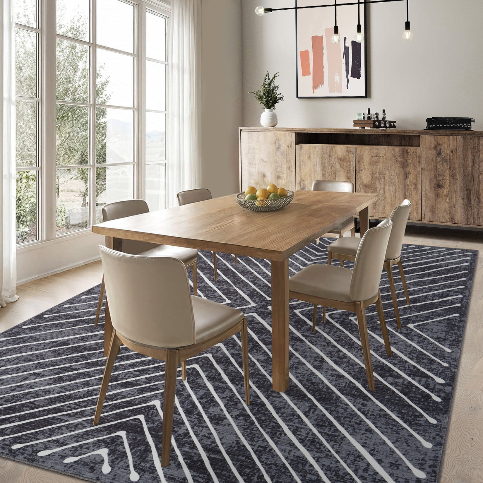 FairOnly 9'x12'Modern Area Rug with Symmetrical Fine Lines Machine Washable Low Pile Non-Slip Geometric Rugs for Living Room Bedroom，Dark Grey