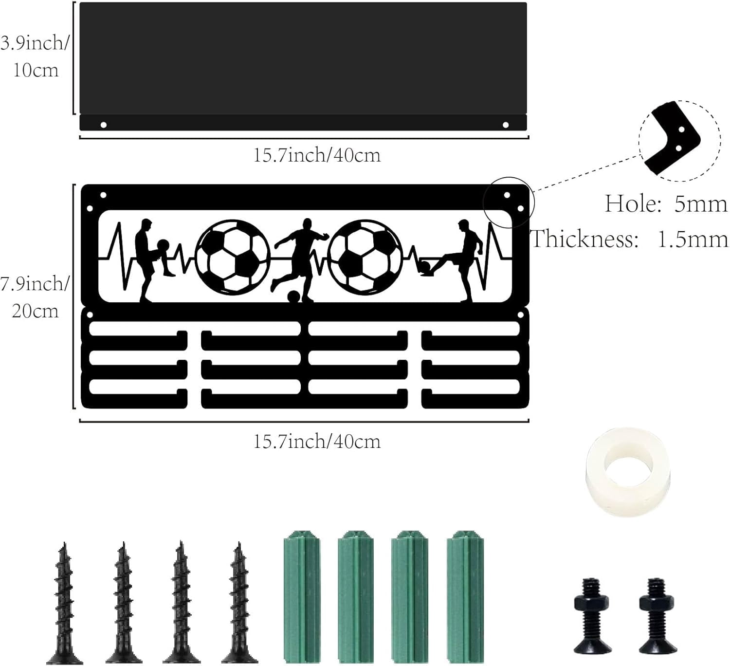 Football Medal Hanger Trophy and Medal Display Shelf with 12 Hooks Soccer Electrocardiogram Design Sports Awards Holder Lanyard Ribbons Wall Mount Decor for Athletes 15.7x8x4 Inch Black 1set
