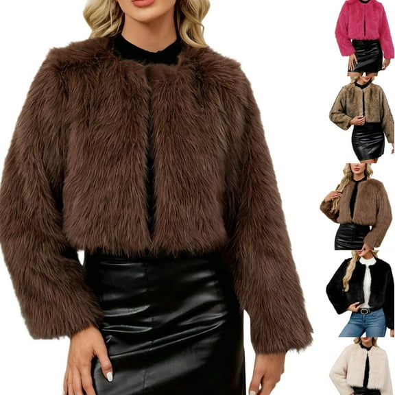 Gamivast Cropped Faux Fur Coat Women Open Front Crewneck Long Sleeve Warm Fleece Jackets Loose Casual One Button Outerwear Winter Fashion Thermal Clothes