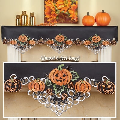 Collections Etc Halloween Pumpkins Mantle Scarf for Livingroom, Embroidered Festive Party Indoor Decorations