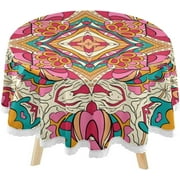 SKYSONIC Ethnic Colorful Theme Round Tablecloth 60inch Indoor Wrinkle Free, Mexico Tribal Flower Circular Lace Table Cover Washable for Kitchen Party BBQ Dining Decor