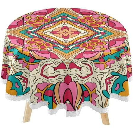 SKYSONIC Ethnic Colorful Theme Round Tablecloth 60inch Indoor Wrinkle Free, Mexico Tribal Flower Circular Lace Table Cover Washable for Kitchen Party BBQ Dining Decor