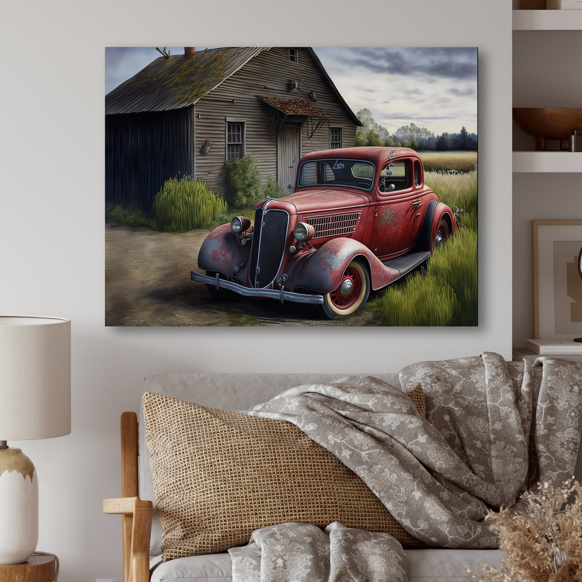 Designart 30S Ford Car In Barn VI Canvas Wall Art