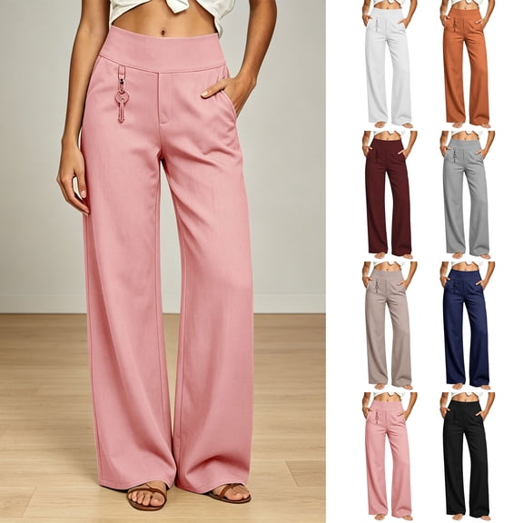 Women's High Waist Straight Wide Leg Work Pants Elastic Waistband Business Casual Flowy Trousers with Pockets Dress Slacks Daily Wear White