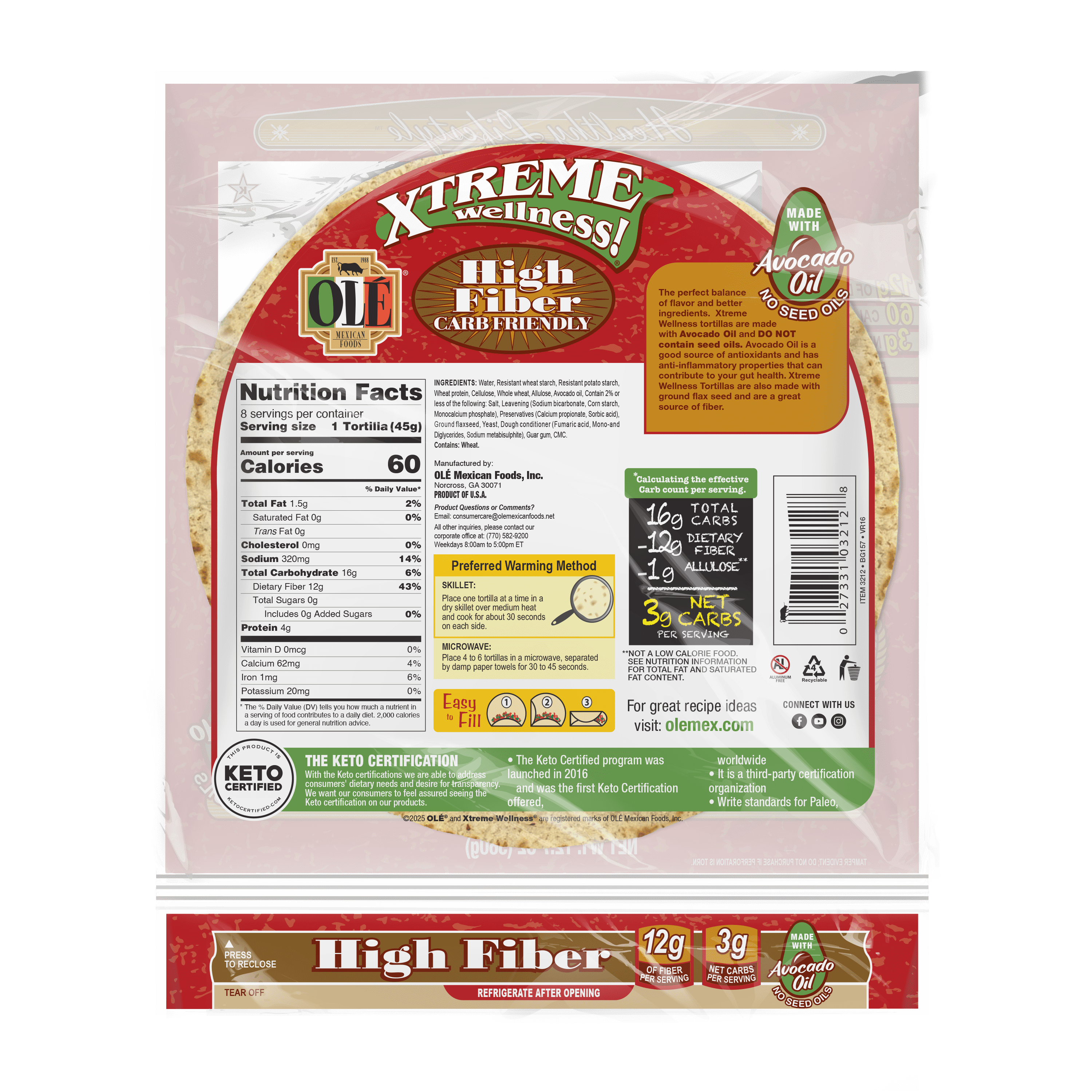 Olé Mexican Foods Xtreme Wellness High Fiber Keto Certified Flour Tortilla Wraps, 12.7 oz, 8 Count
