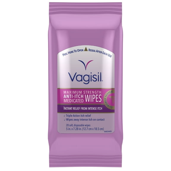 Vagisil Anti-Itch Medicated Wipes, Maximum Strength For Instant Relief from Intense Itch, 20 Wipes in a Resealable Pouch