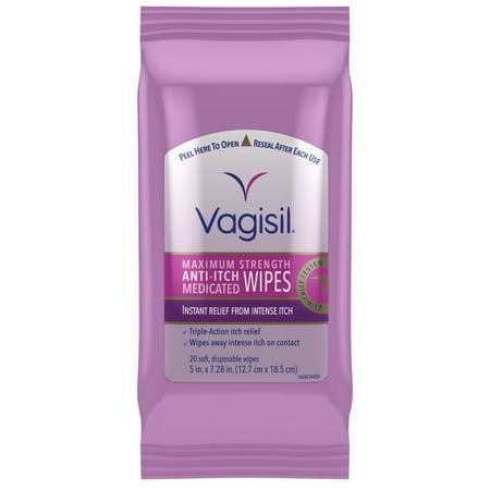 Vagisil Anti-Itch Medicated Wipes, Maximum Strength For Instant Relief from Intense Itch, 20 Wipes in a Resealable Pouch