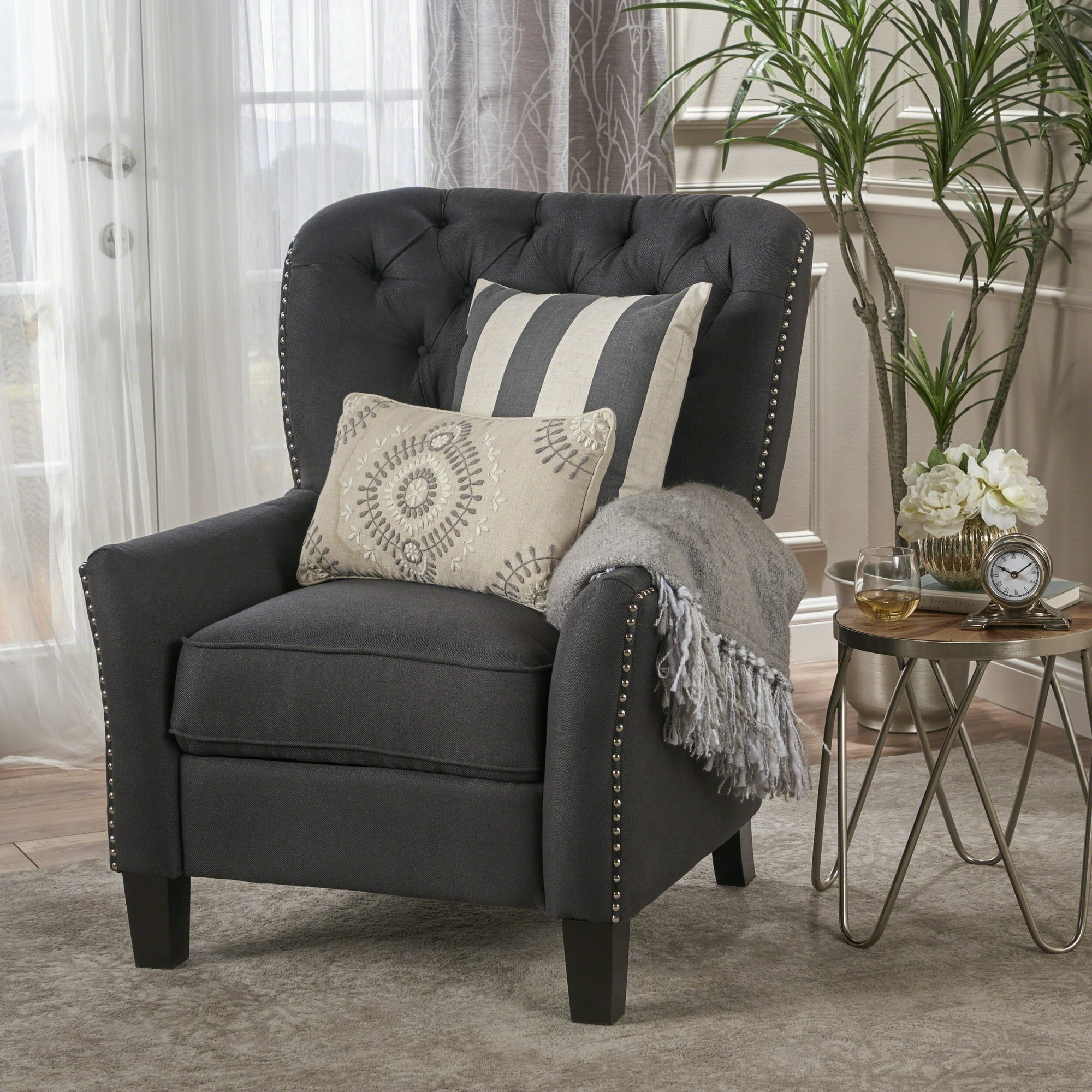 Push Back Recliner Chair with Nailhead Trim Upholstered Tufted Wingback Armchair Comfortable Lounge Chair for Living Room Bedroom or Office Dark Grey Walmart